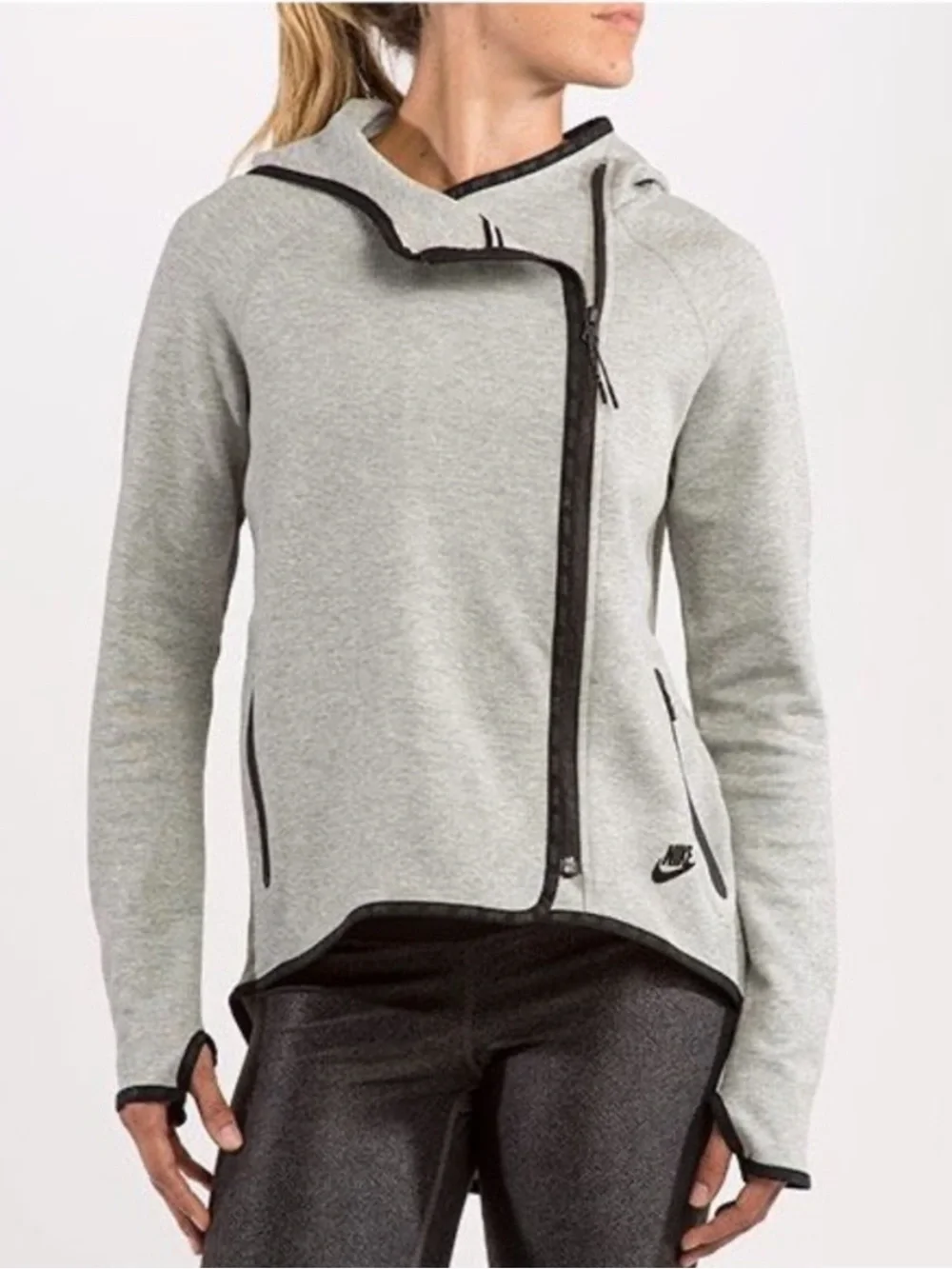 Nike Women's Light Gray Heathered Full-Zip Hooded Cape Hi-low Jacket size Medium